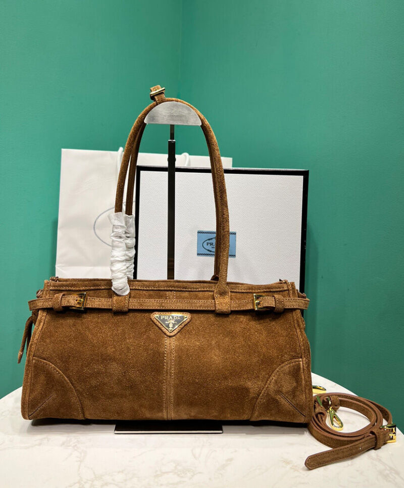 Prada Medium Suede Handbag 1BA426 Coffee